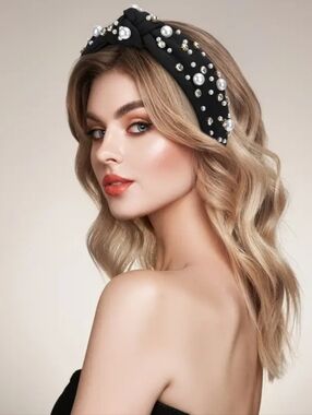Black Faux Pearl & Rhinestone Knotted Headband - Wide, Solid Color
